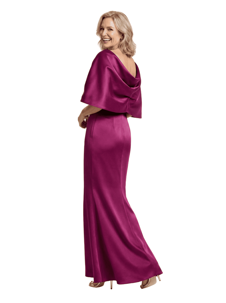 Chic V-Neck Cape Sleeve Satin Mother of The Groom Dress Floor-Length MermaidSophisticated Wedding Event Outfit