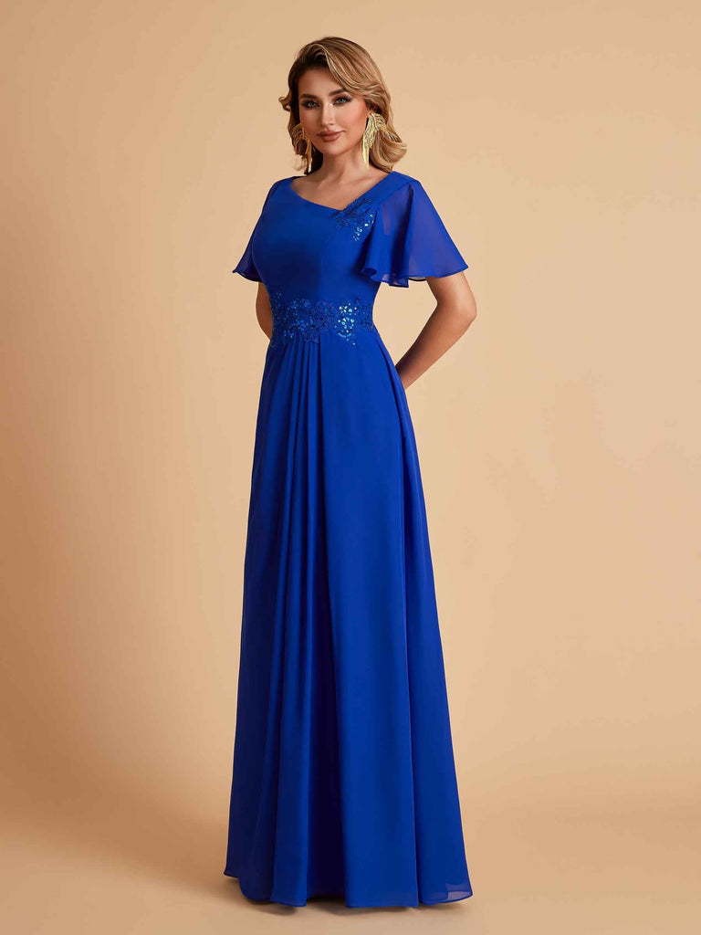 Elegant A-Line Chiffon Short Sleeves V-Neck Mother of the Brides Dresses Online