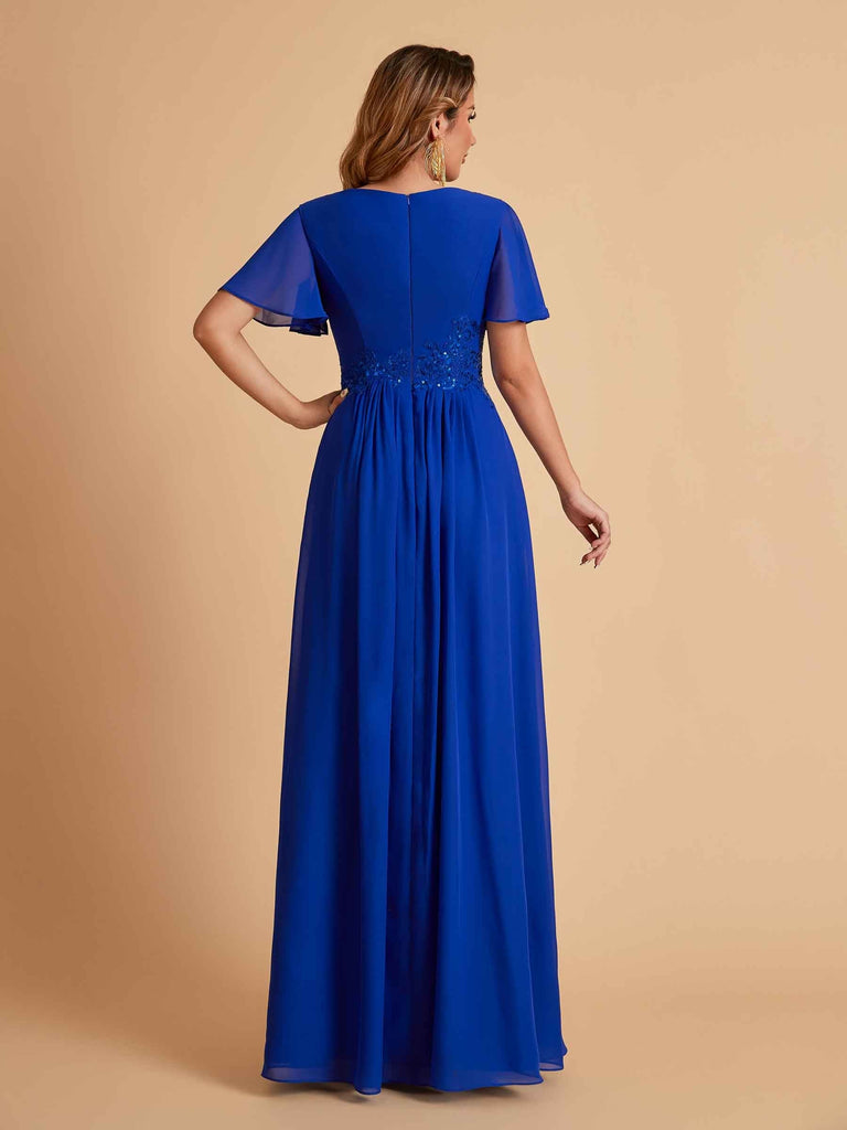 Elegant A-Line Chiffon Short Sleeves V-Neck Mother of the Brides Dresses Online
