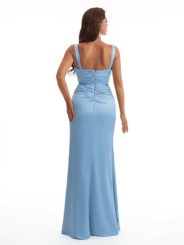 Elegant V-Neck Mermaid Soft Satin Front Slit Long Bridesmaid Dresses Online