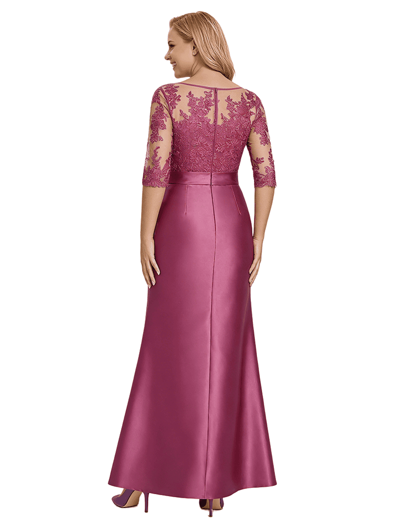 Fancy Illusion Mother Of The Bride Dress Satin Lace Sheath Half Sleeves With Bow Knot