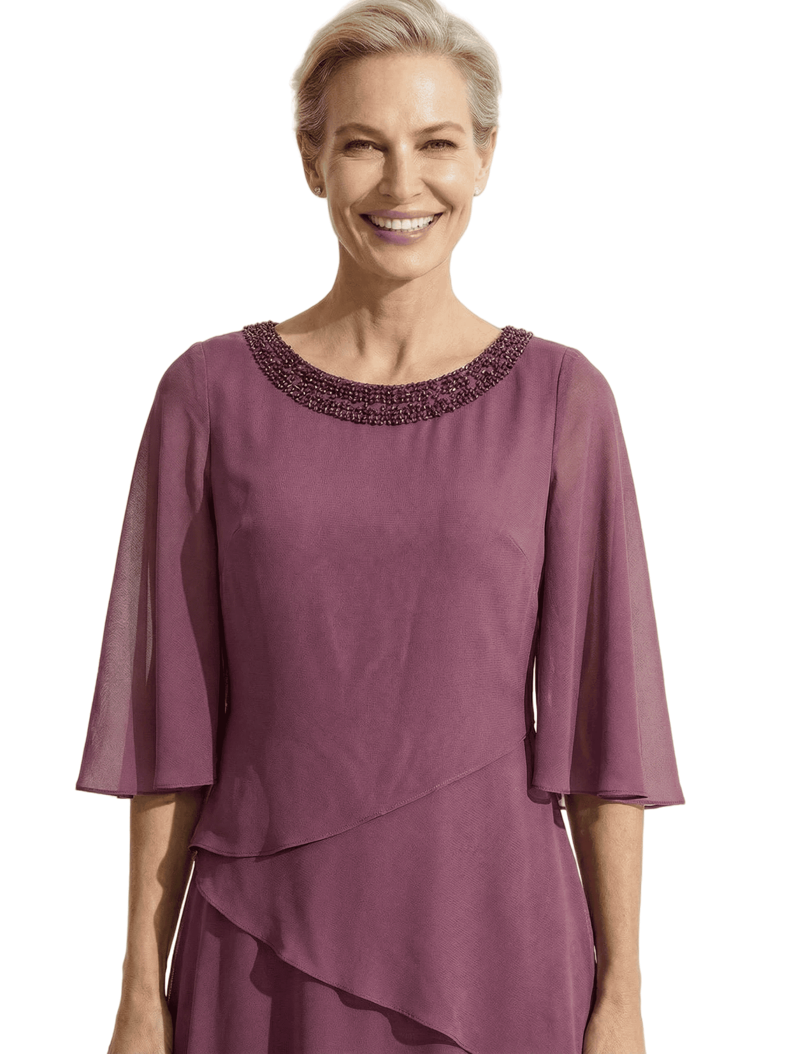 Beautiful Chiffon Beaded Jewel Mother Of The Groom Gown With Half Cape Sleeves