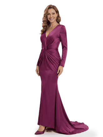 Elegant V-Neck Satin Ruched Mother Of The Bride Gown With Long Sleeves Floor Length