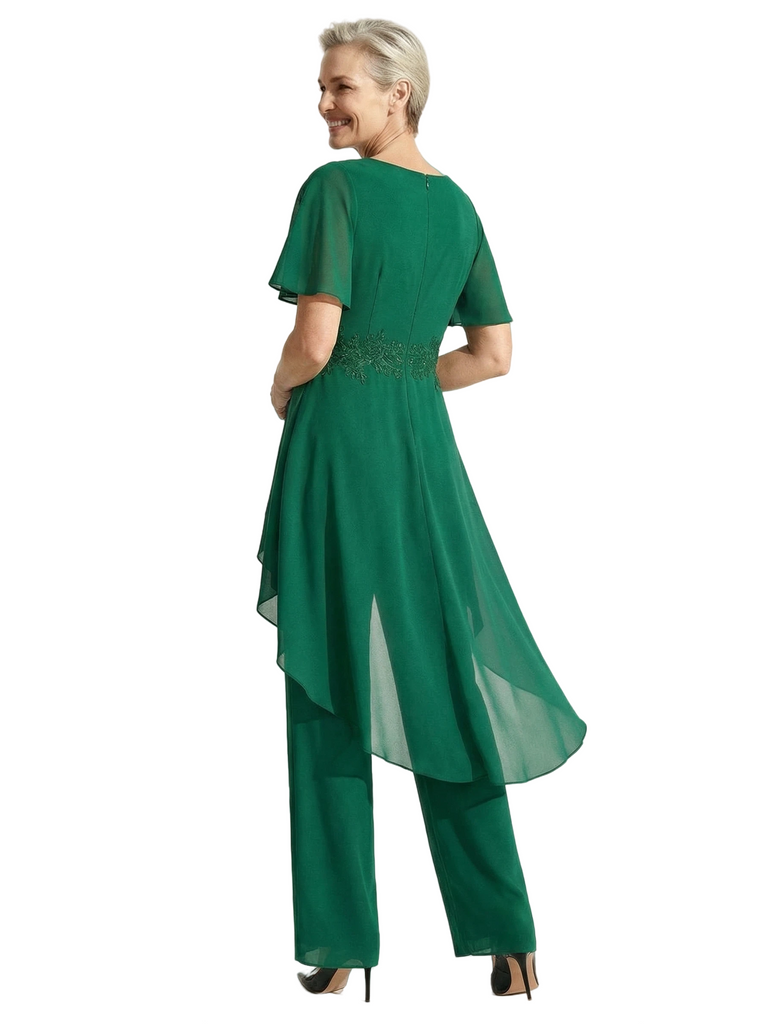 Unique V-Neck Chiffon Mother Of The Bride PantSuit With Flutter Sleeves