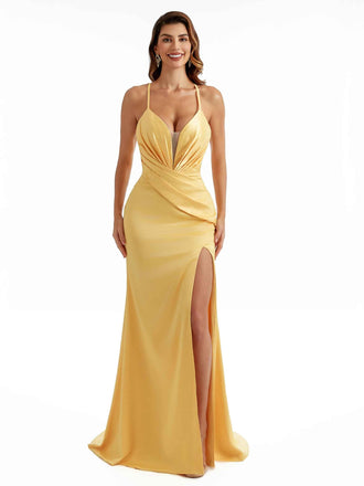 Sexy Side Split Spaghetti Straps Back Criss Cross Mermaid Satin Wedding Party Dresses