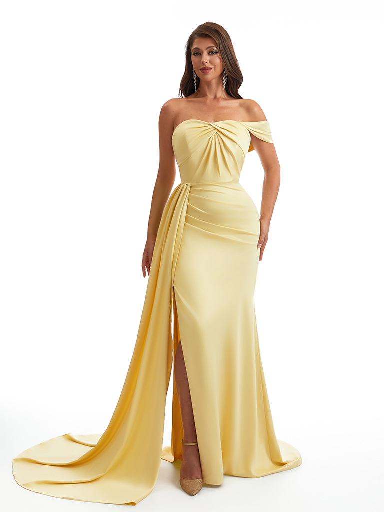 Sexy One Shoulder Mermaid Side Slit Ruched Satin Long Bridesmaid Dresses Online