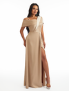 Unique Asymmetrical Neck Side Split A-line Soft Satin Long Bridesmaid Dresses