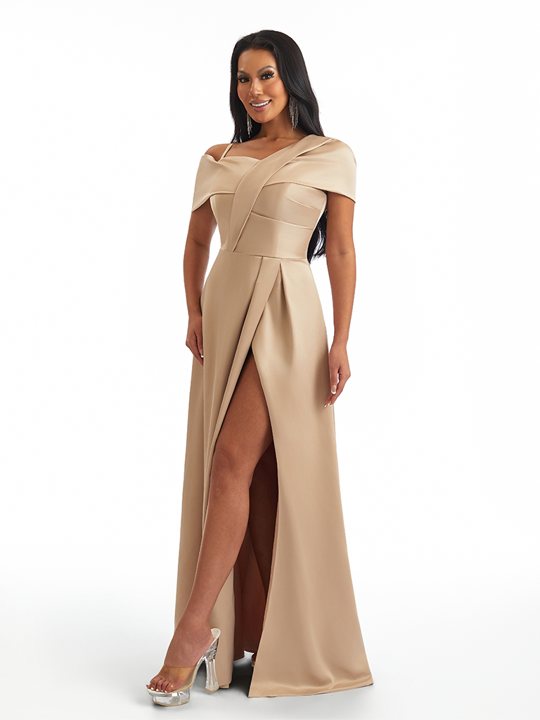 Unique Asymmetrical Neck Side Split A-line Soft Satin Long Bridesmaid Dresses