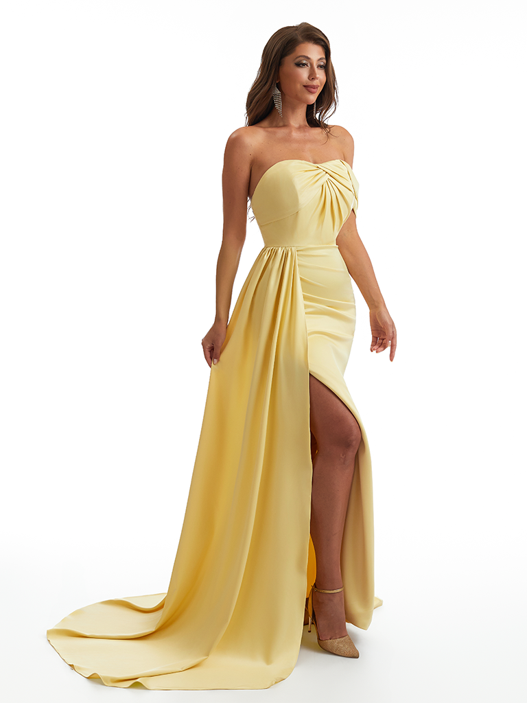 Sexy One Shoulder Mermaid Side Slit Ruched Satin Long Bridesmaid Dresses Online