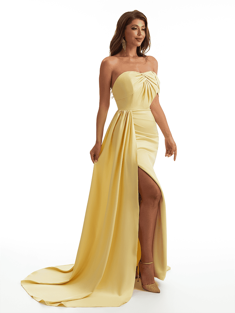 Sexy One Shoulder Mermaid Side Slit Ruched Satin Long Bridesmaid Dresses Online