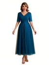 Elegant A-line Short Sleeves Tulle Lace V-neck Maxi Mother of the Brides Dresses Online UK