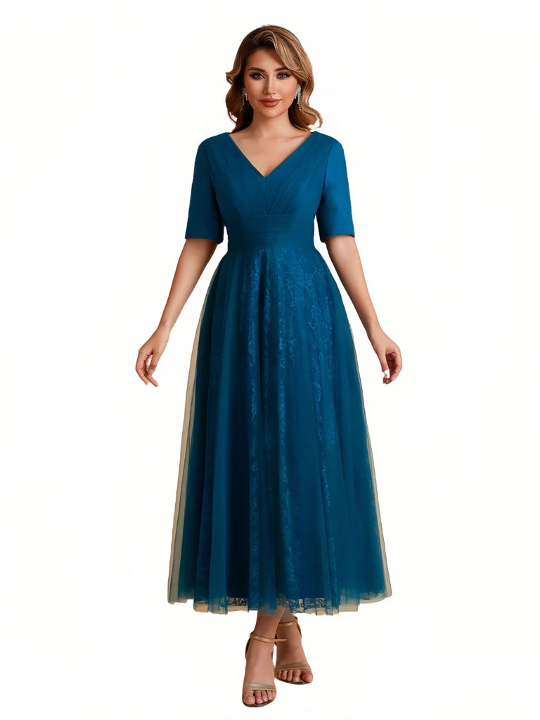 Elegant A-line Short Sleeves Tulle Lace V-neck Maxi Mother of the Brides Dresses Online UK