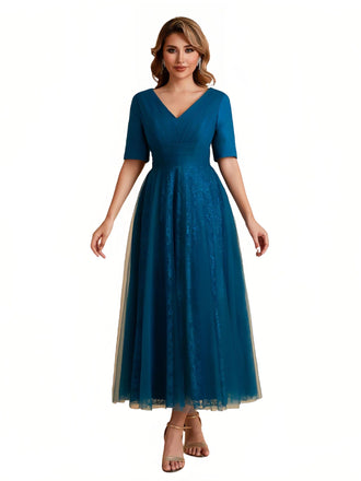 Elegant A-line Short Sleeves Tulle Lace V-neck Maxi Mother of the Brides Dresses Online UK