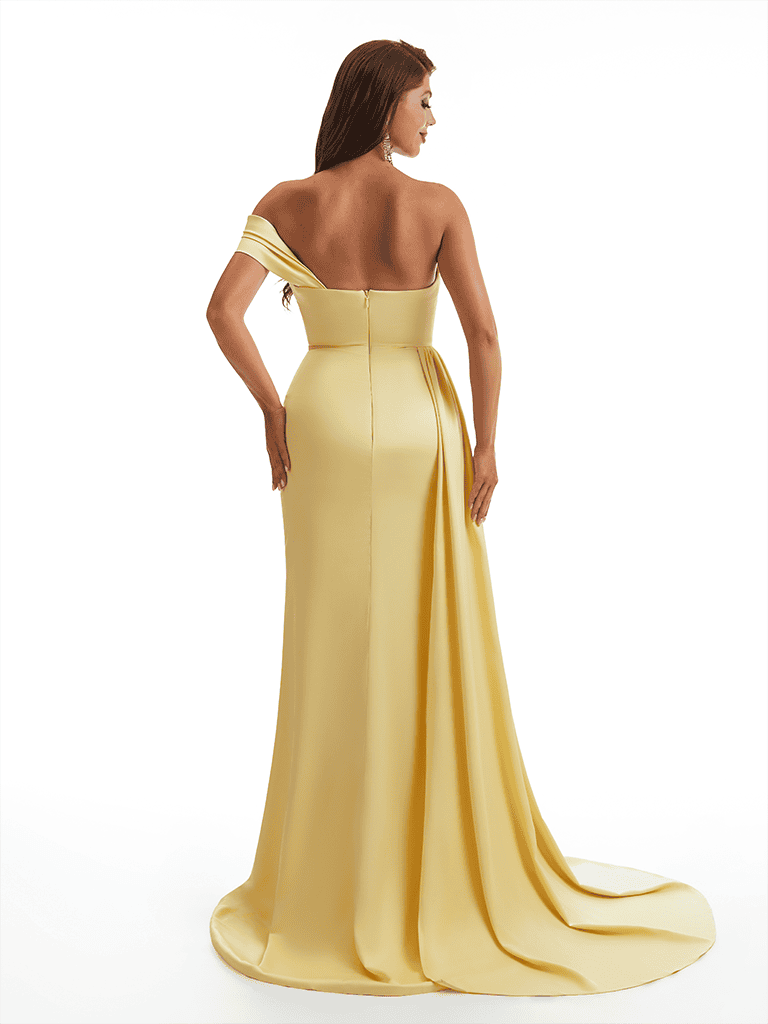 Sexy One Shoulder Mermaid Side Slit Ruched Satin Long Bridesmaid Dresses Online