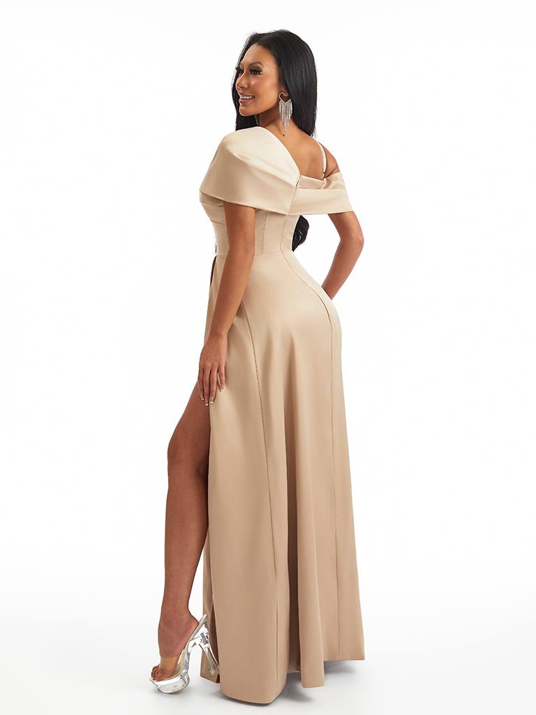 Unique Asymmetrical Neck Side Split A-line Soft Satin Long Bridesmaid Dresses