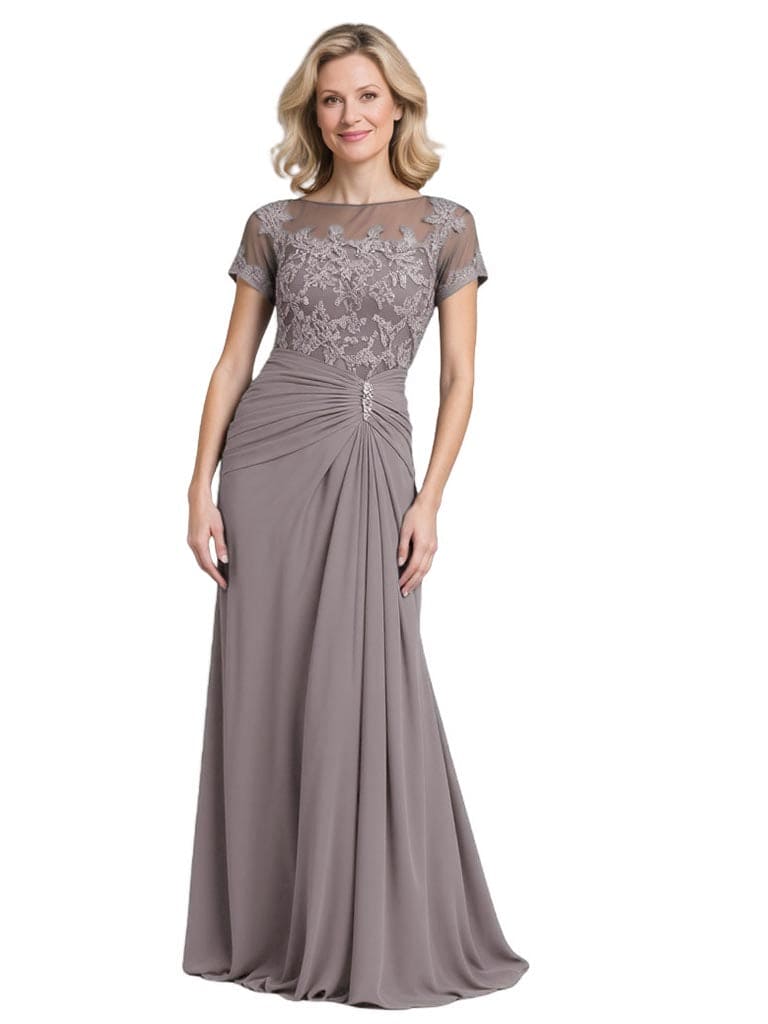 Elegant Chiffon Lace Illusion Short Sleeves A-Line Floor Length Mother Of The Bride Dresses
