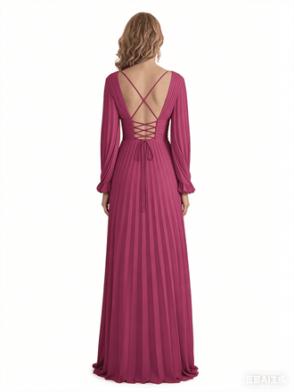 Elegant Chiffon V-Neck Long Sleeves A-Line Side Slit Long Mother of The Bride Dresses