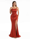 Sexy Side Split Spaghetti Straps Scoop Maxi Satin Maid of Honor Mermaid Dresses