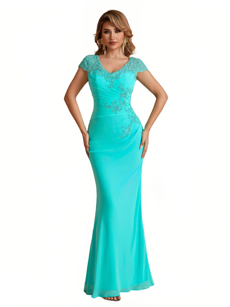 Elegant Mermaid Chiffon Cap Sleeves V-Neck Lace Mother of the Brides Dresses Online UK
