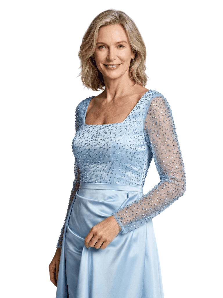 Mother of The Bride Dress Overskirt Square Long Sleeve Beaded Floor-Length Satin Prom Gown