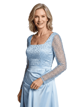 Mother of The Bride Dress Overskirt Square Long Sleeve Beaded Floor-Length Satin Prom Gown