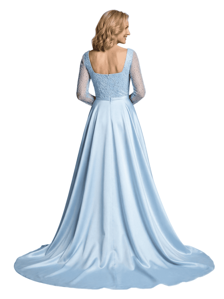 Mother of The Bride Dress Overskirt Square Long Sleeve Beaded Floor-Length Satin Prom Gown