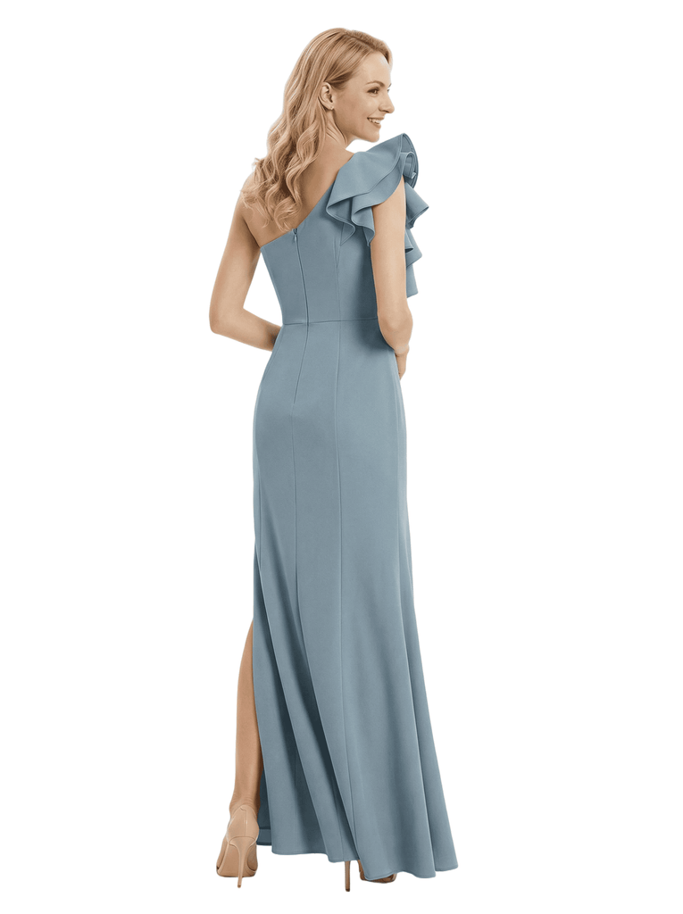 Chicsew Mother of The Groom Dress One Shoulder Side Slit Mermaid Ruffled Trumpet Maxi Gown