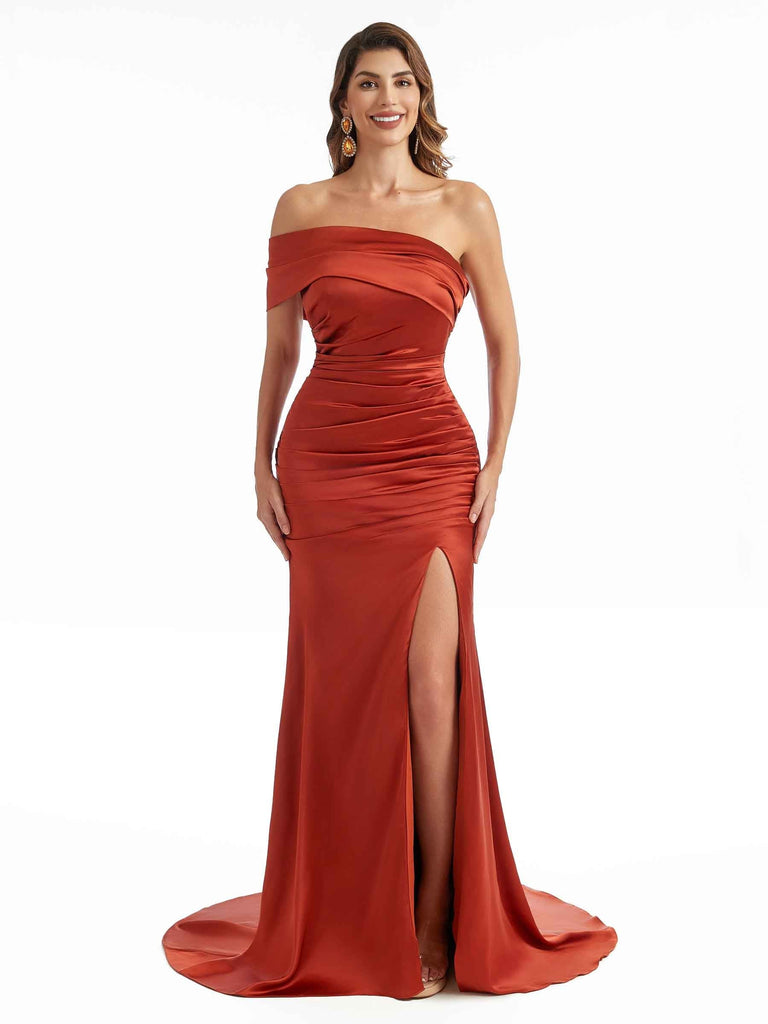 One Shoulder Sexy Stretchy Satin Side Slit Long Mermaid Bridesmaid Dresses Online