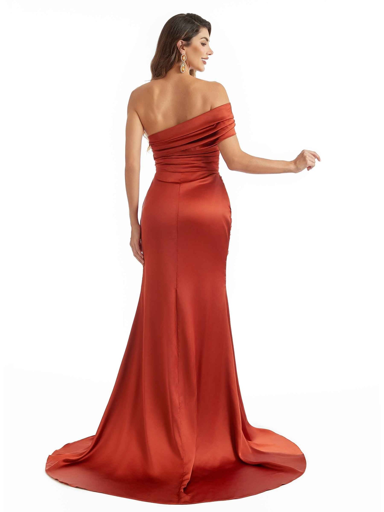 One Shoulder Sexy Stretch Satin Side Slit Long Mermaid Bridesmaid Dresses UK Online