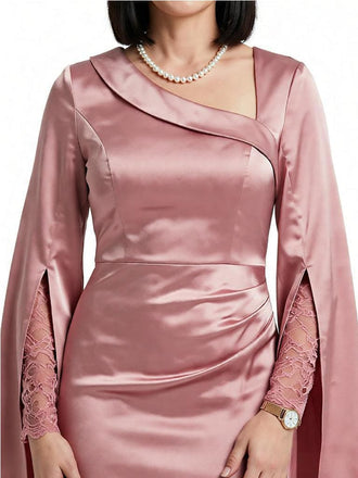 Chicsew Vintage Asymmetric Long Sleeves With Lace Satin Mermaid Mother of The Bride Dress