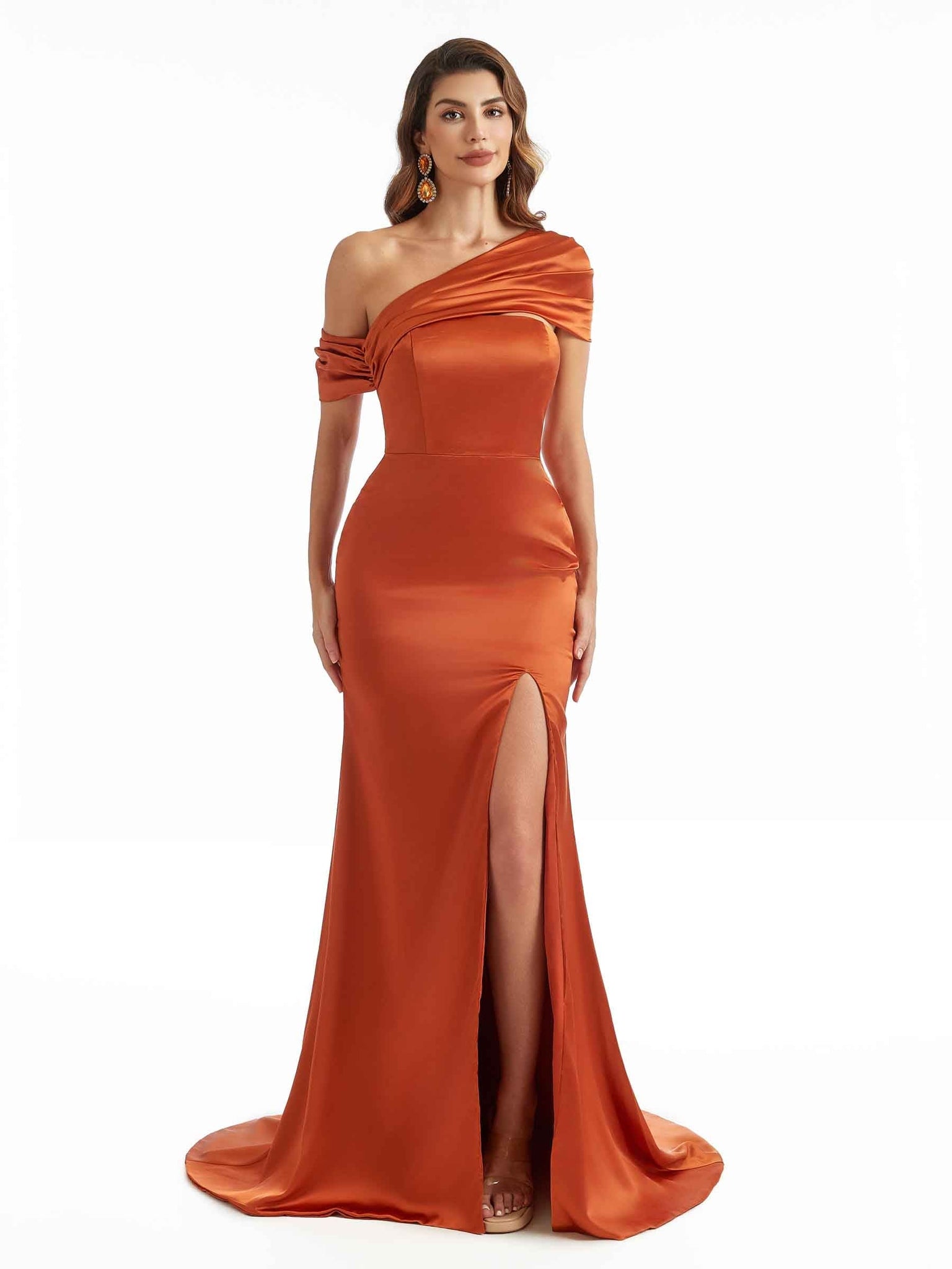 Silky Satin One Shoulder Asymmetric Long Formal Bridesmaid Gowns UK Online With Slit