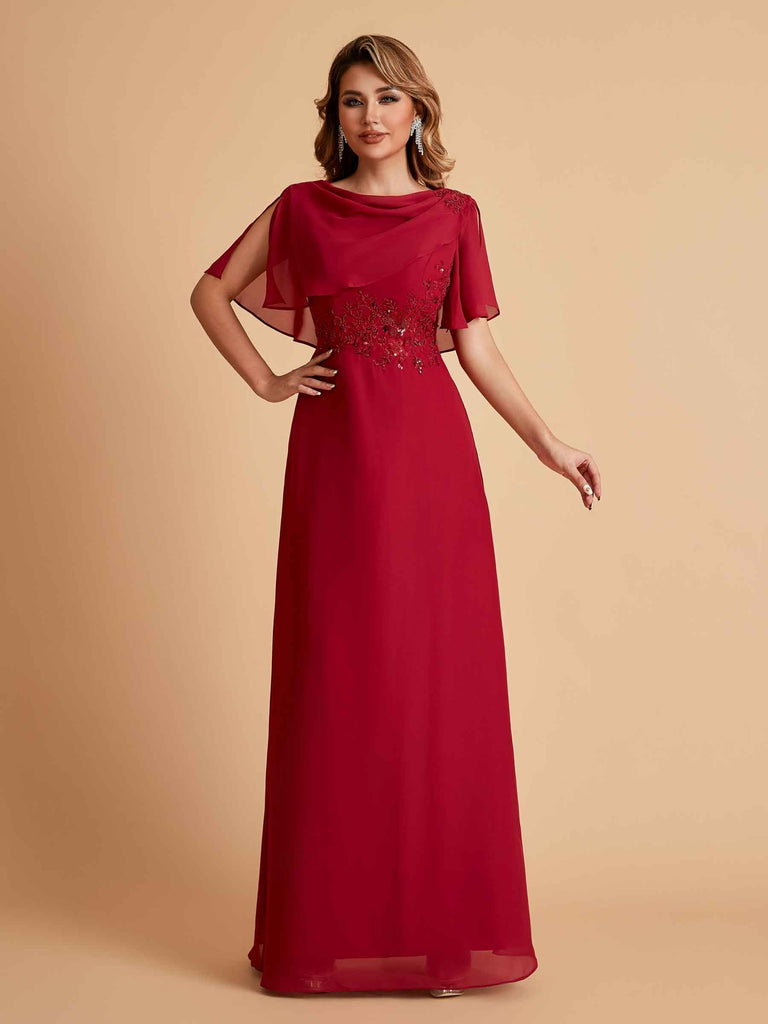 Elegant A-Line Chiffon Half Sleeves Cowl Neck Mother of the Brides Dresses Online UK