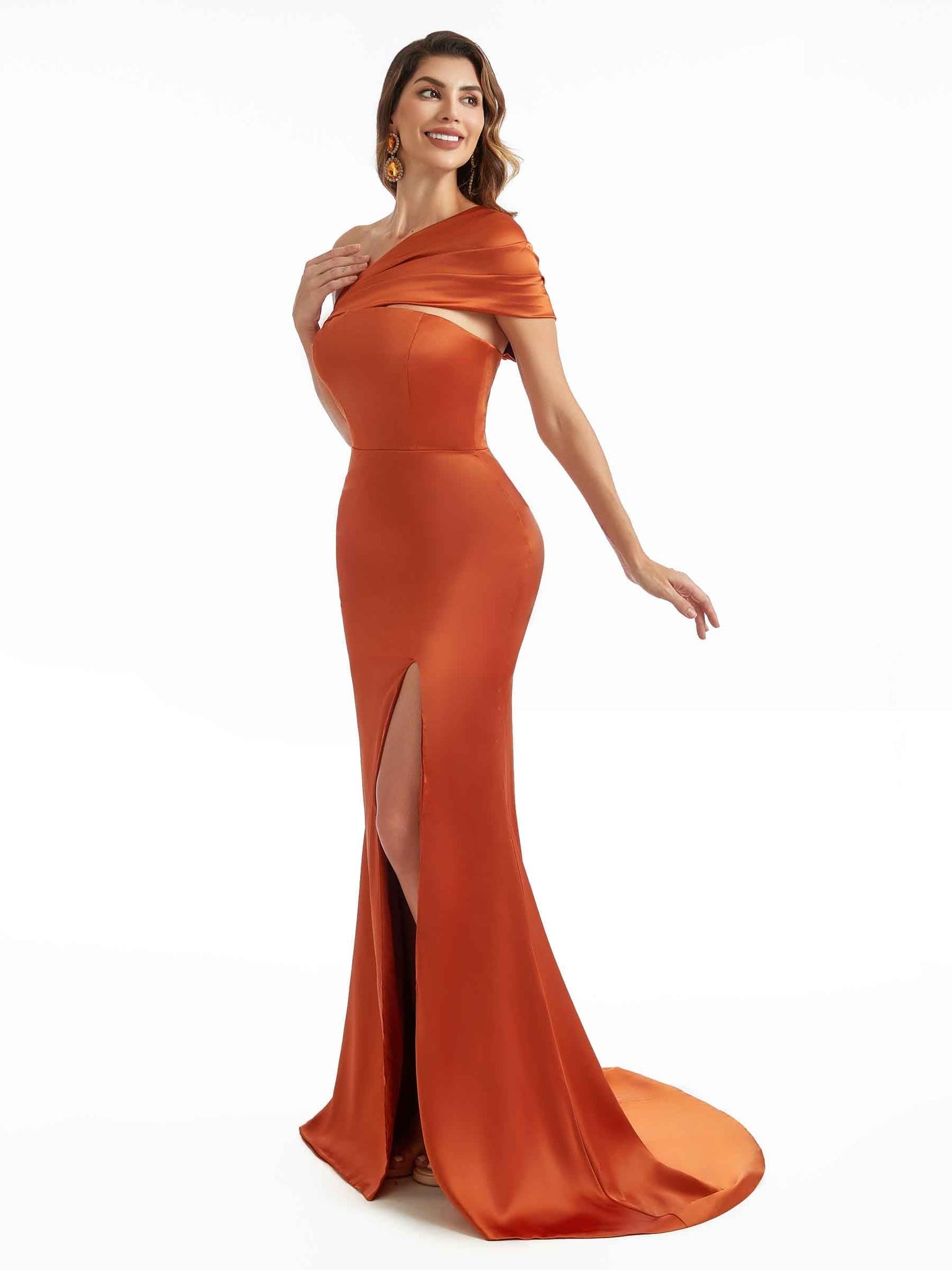 Silky Satin One Shoulder Asymmetric Long Formal Bridesmaid Gowns UK Online With Slit