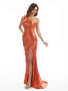 Elegant Slit One Shoulder Metallic Stretch Shiny Fabric Long Wedding Guest Dresses