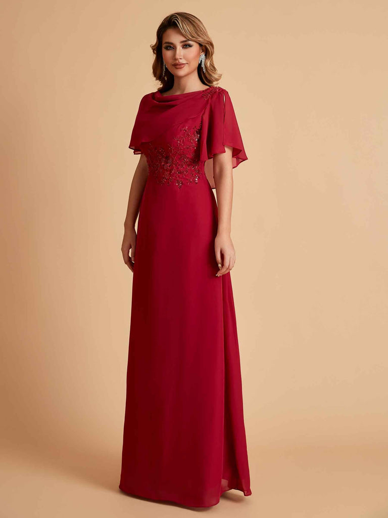 Elegant A-Line Chiffon Half Sleeves Cowl Neck Mother of the Brides Dresses Online UK