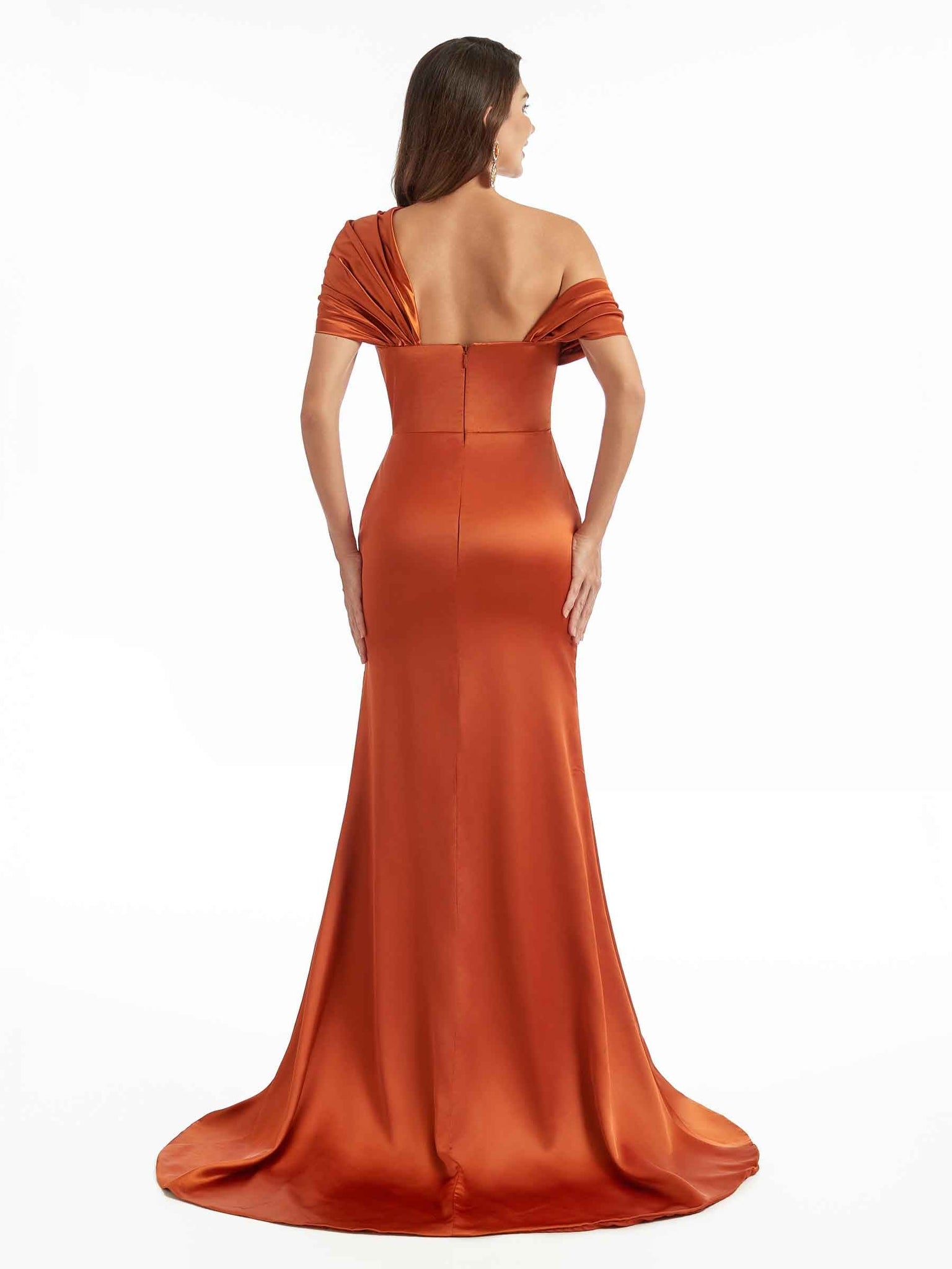 Silky Satin One Shoulder Asymmetric Long Formal Bridesmaid Gowns UK Online With Slit