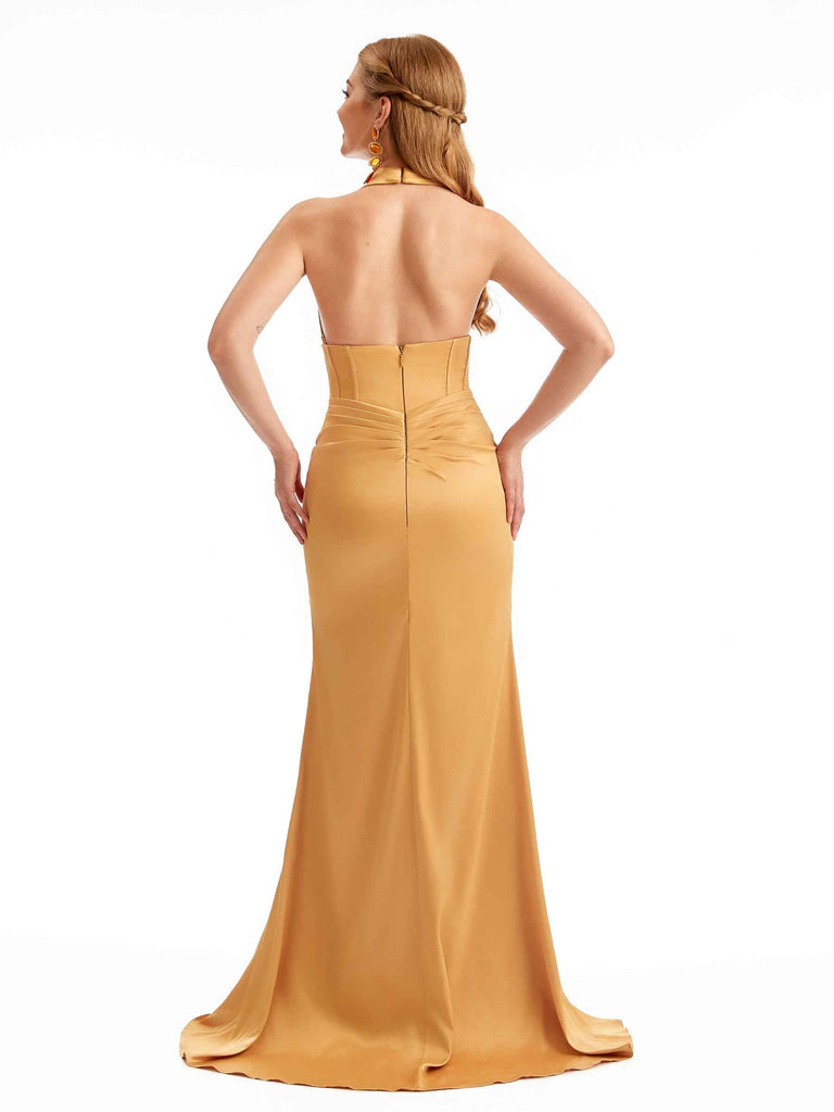 Stretch Satin Mermaid Long Bridesmaid Gown Halter V-neck Mermaid Sexy Side Split