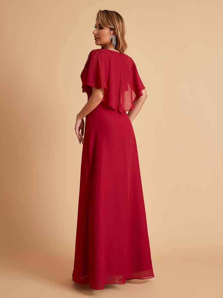 Elegant A-Line Chiffon Half Sleeves Cowl Neck Mother of the Brides Dresses Online UK