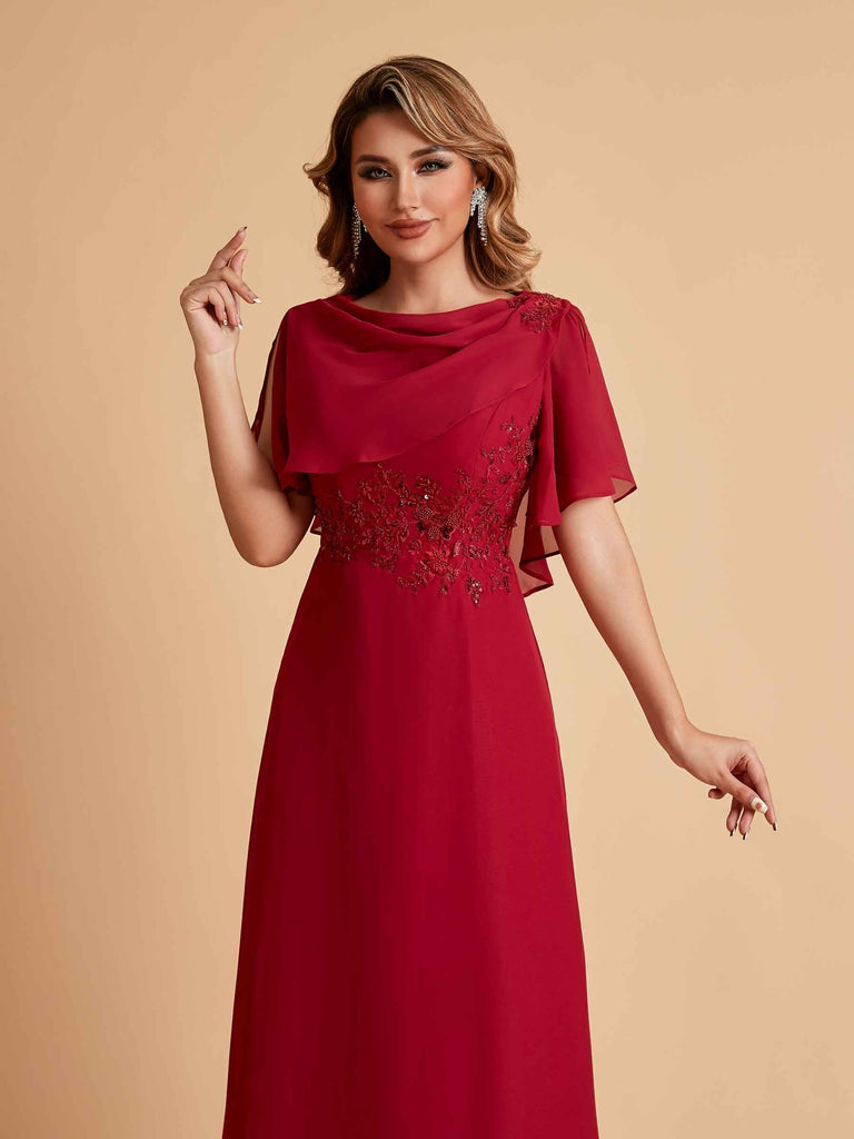 Elegant A-Line Chiffon Half Sleeves Cowl Neck Mother of the Brides Dresses Online UK