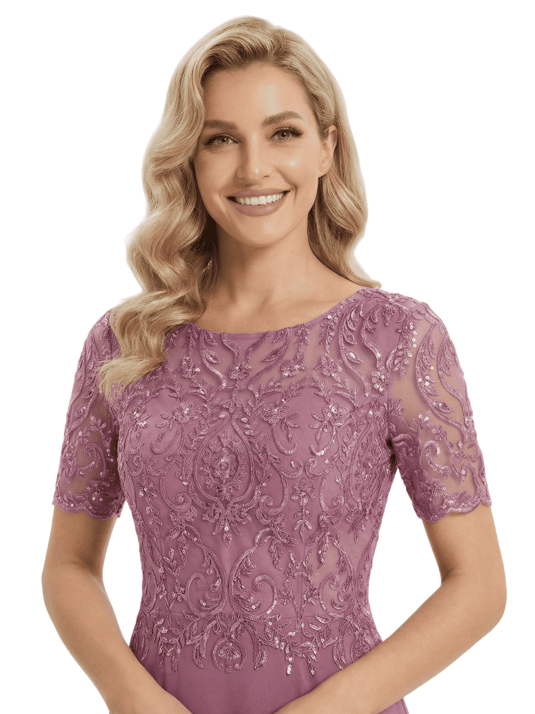 Classy Short Sleeves Jewel Lace Applique Chiffon A-Line Mother of The Bride Dresses