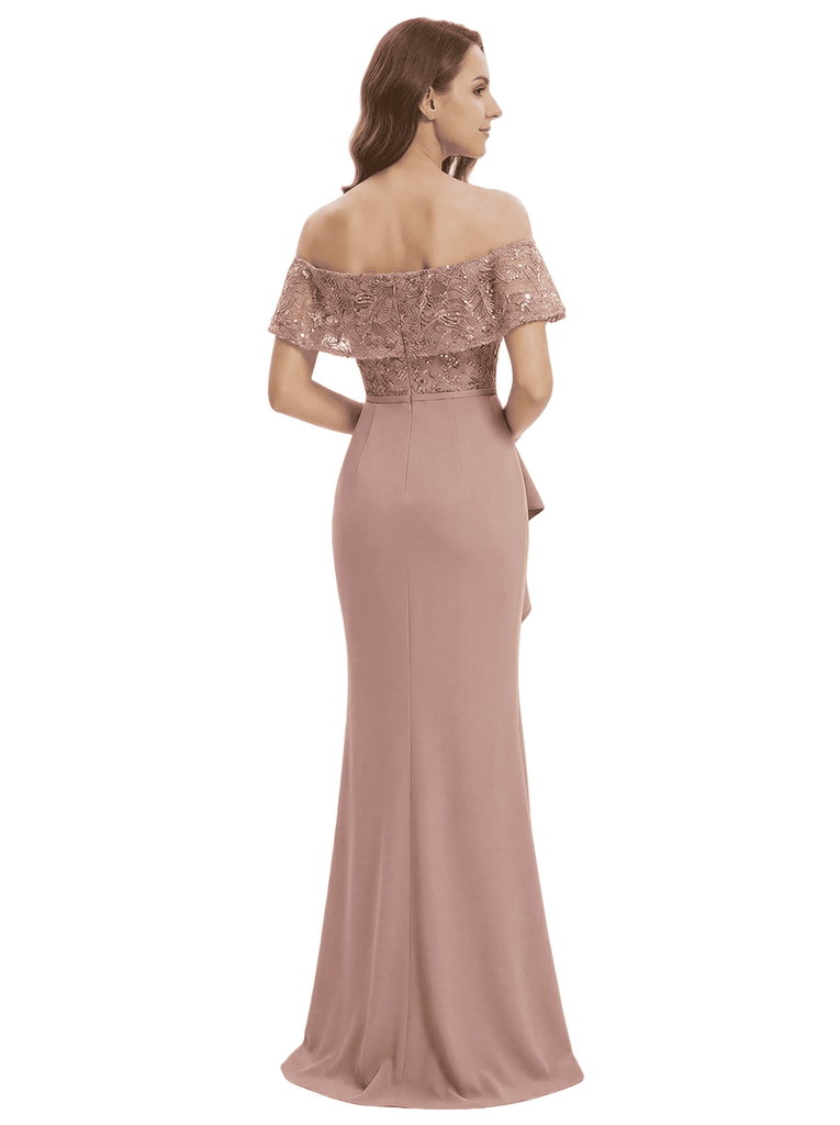 Chicsew Fancy Chiffon Off Shoulder Mother of The Bride Dress Mermaid Sequin Lace Maxi Gown