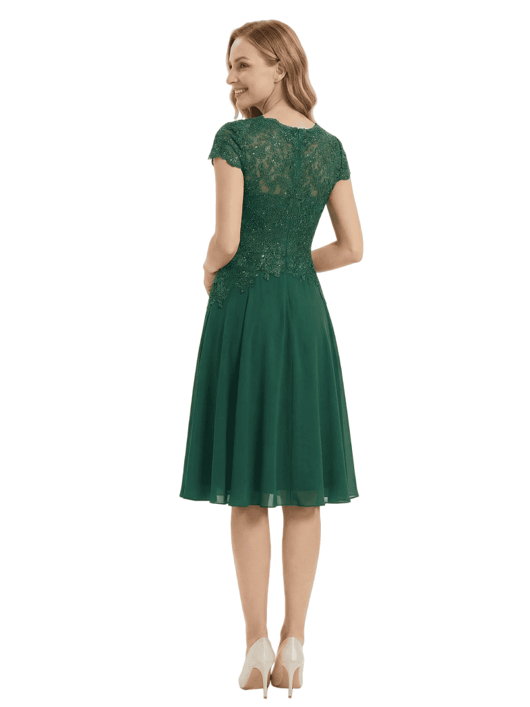 Beautiful V-Neck Short Sleeves Mother Of The Bride Dress Lace Applique Chiffon A-Line Midi Gown