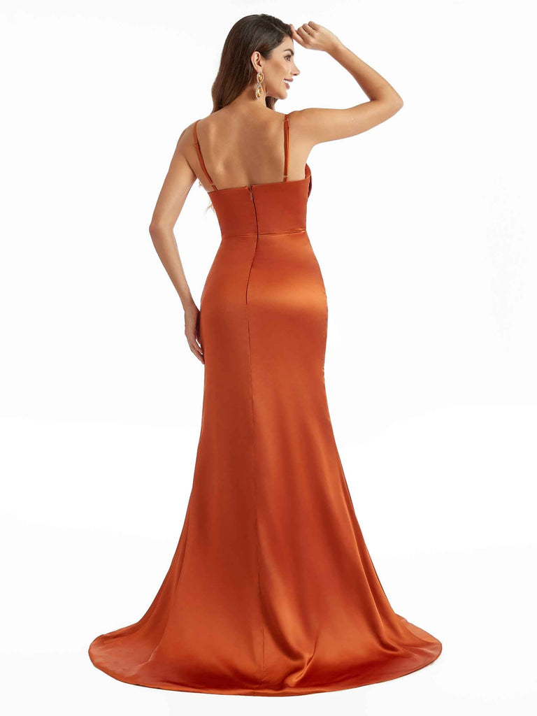 Sexy Cowl Neck Side Slit Long Satin Modern Formal Bridesmaid Dresses Online