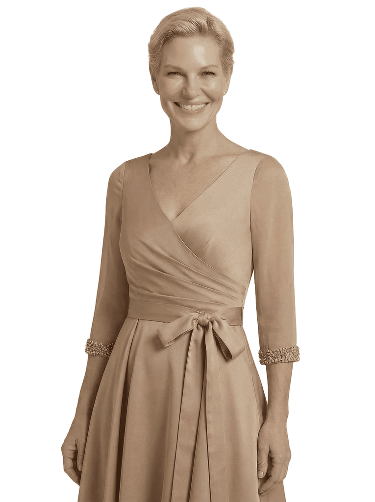 Elegant A-Line Tea Length Mother Of The Groom Gown With Sleeves