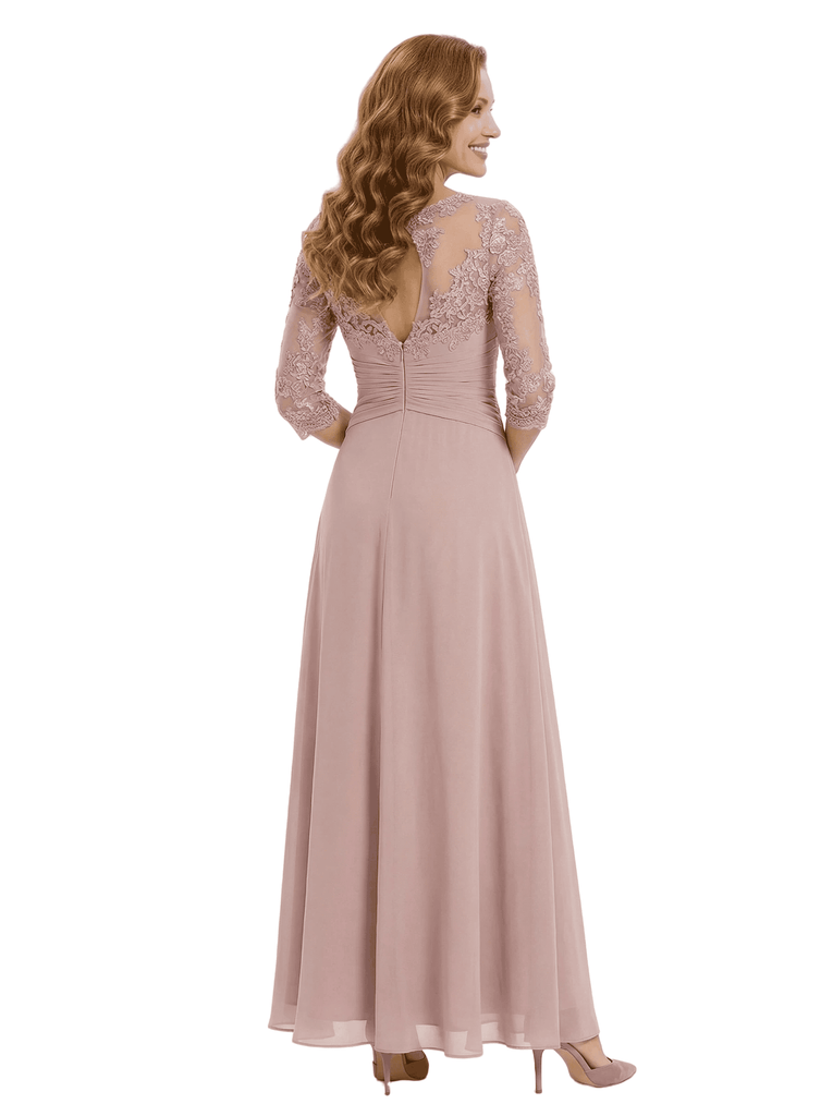 Modern Ruffle Chiffon Lace Illusion A-Line Mother Of The Bride Dress With Sleeves
