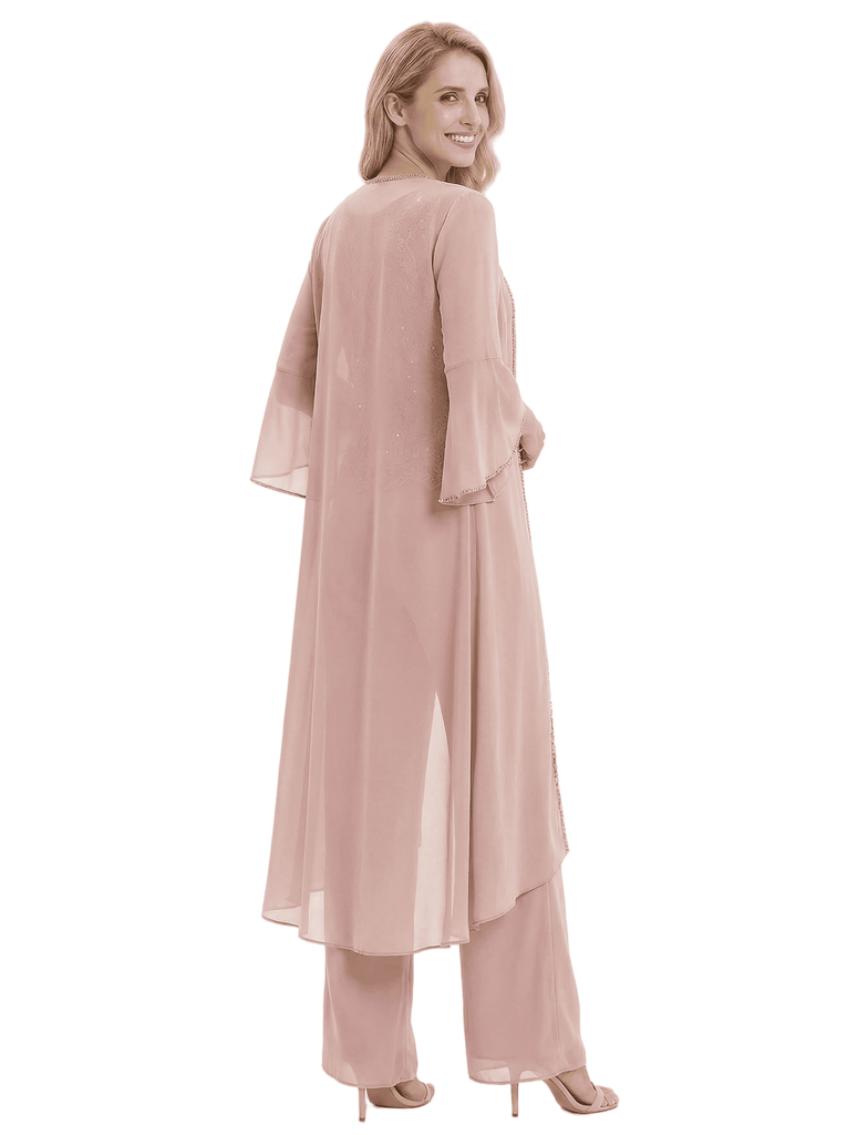 Mother Of The Groom PantSuit With Embroidered Lace Topper And Long Jacket