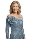 Glamorous Sequin Long Sleeves Mother of the Groom Dress with Floral Shoulder Accent