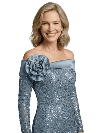 Glamorous Sequin Long Sleeves Mother of the Groom Dress with Floral Shoulder Accent