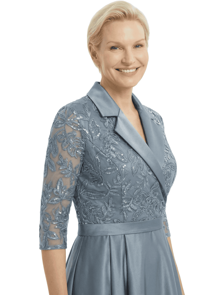 Timeless Scalloped V-Neck Lace Satin Mother of the Bride Gown With Sleeve