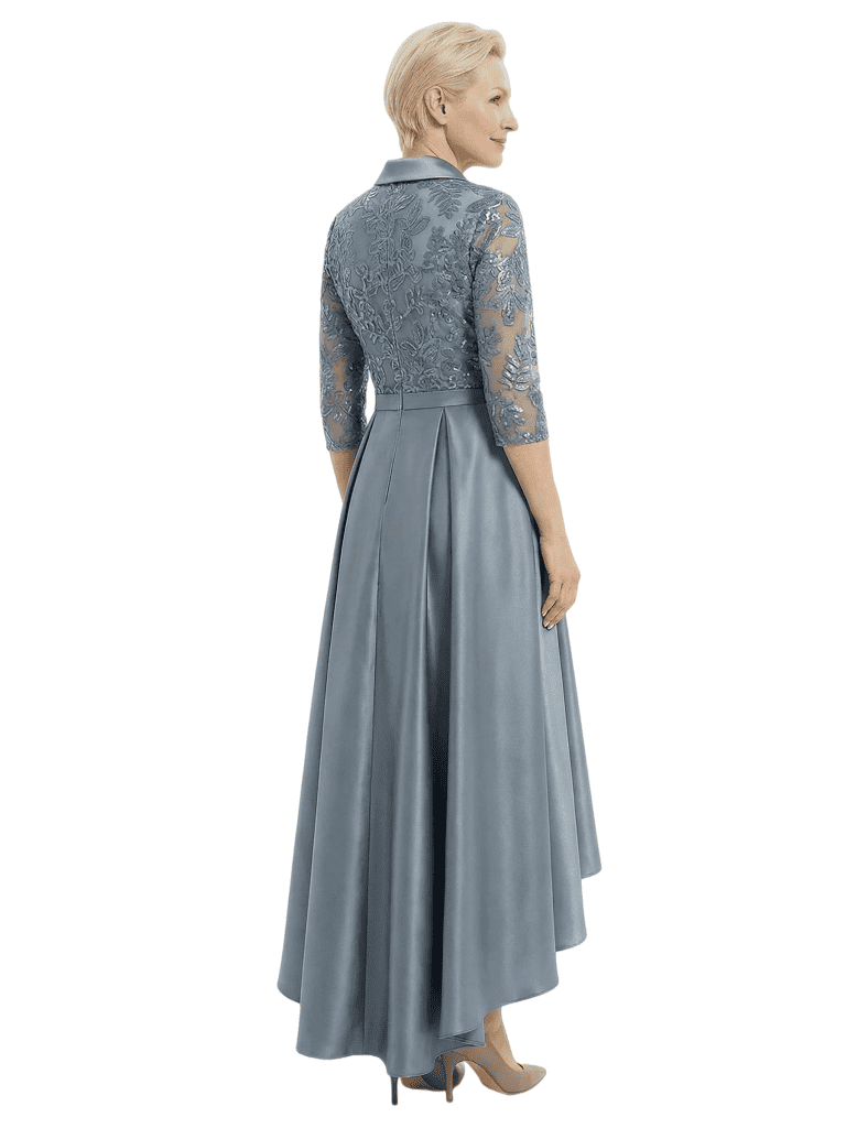 Timeless Scalloped V-Neck Lace Satin Mother of the Bride Gown With Sleeve